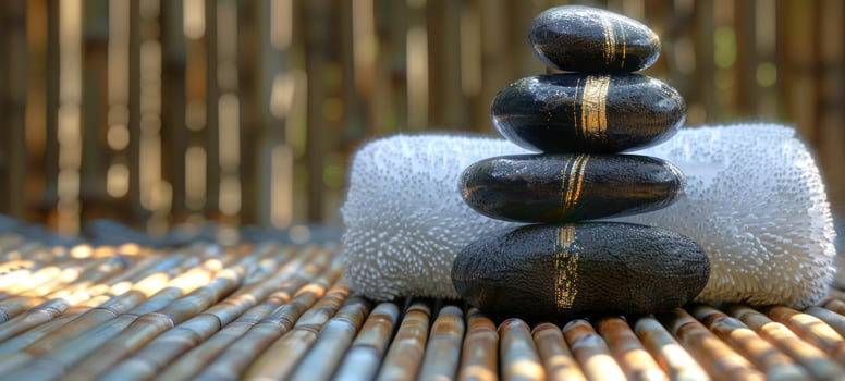 Zen stones stacked on a bamboo mat, spa concept emphasizing balance and calm. Ideal for wellness and relaxation themes photo
