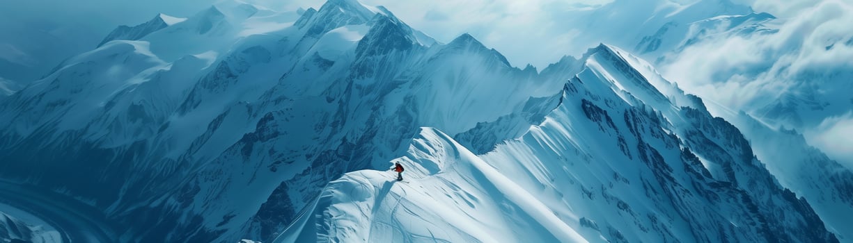 snowboarding action shot, extreme sports, aerial view, mountain peaks, vibrant colors, ideal for banner with copy space photo
