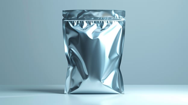 The silver bag is placed on a white table with a white background. The bag is empty and has a zipper closure. photo