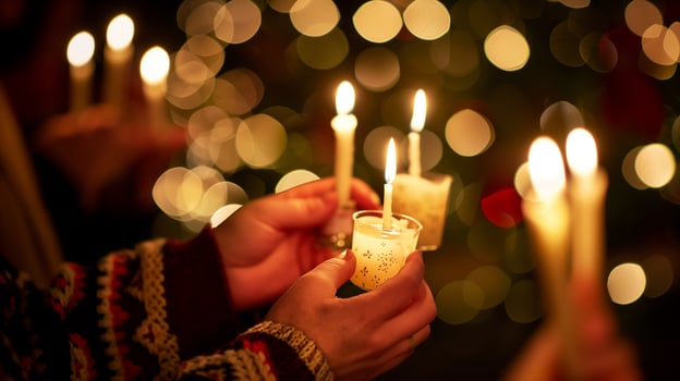 A close-up of hands holding candles lit for a Christmas carol service photo