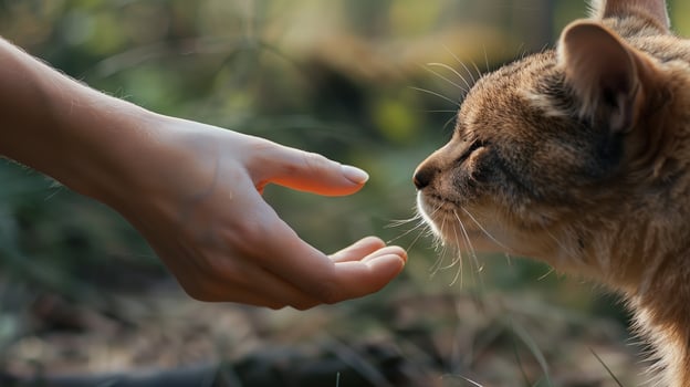 A compassionate hand reaching out to a friendly animal, showcasing the connection between humans and animals photo