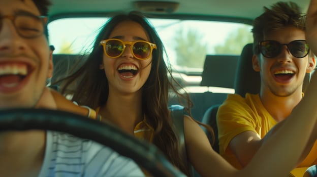A group of friends driving in a car, singing along to music playing on the radio photo