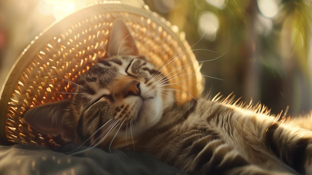 A photorealistic image of a content cat basking in the warm sunlight, with a sombrero tilted on its head in a relaxed pose photo