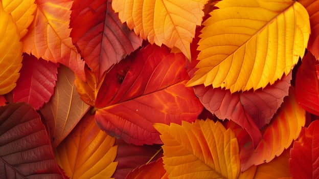 A close up of a pile of fallen autumn leaves in varying shades of red, orange, and yellow. photo