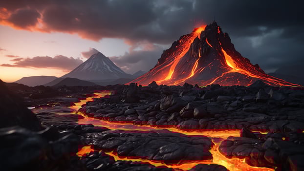 a volcano with lava flowing out of it photo