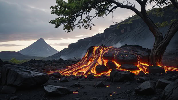 a volcano with lava flowing out of it photo