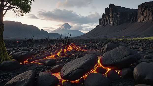 a volcano with lava flowing out of it photo