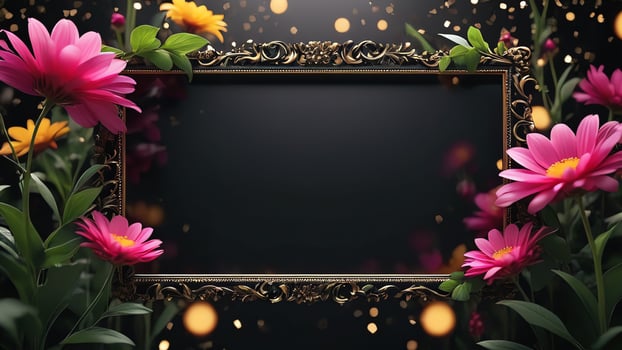 a black frame with flowers and a light photo