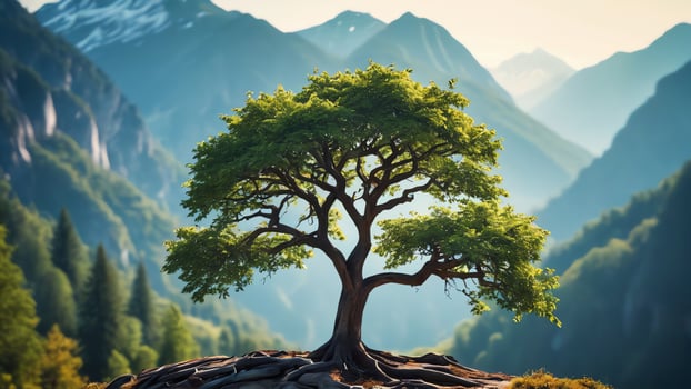 a lone tree stands overlooking a valley photo