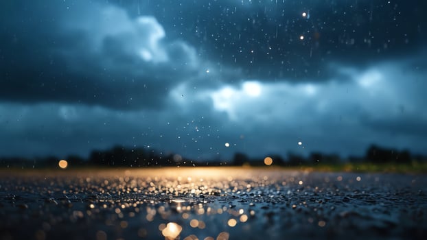 rainy cityscape with dark clouds and raindrops photo