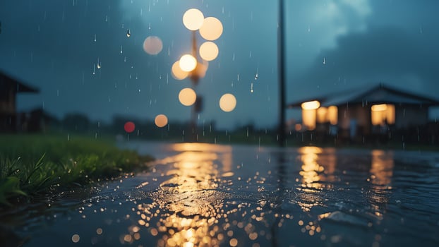 rainy cityscape with dark clouds and raindrops photo