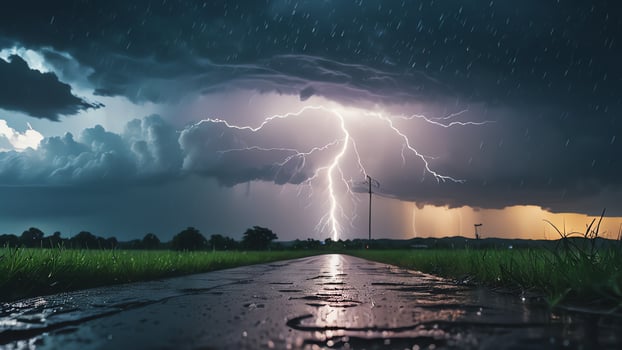 lightning strikes over a city at night photo