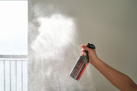A woman's hand sprays an air freshener in a room. photo