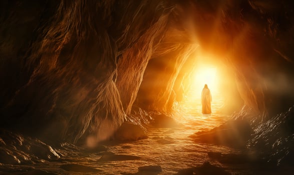 A Golgotha Hill Jesus Christ Crucifixion Death and Resurrection from Stone Tomb Bokeh Silhouette. Digital watercolor painting illustration photo