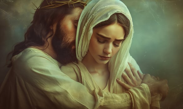 A Jesus Christ hug lady warmly and hope, face ask wish trust king Lord savior care help. bliss forgive soul spirit dream. Digital watercolor painting illustration photo