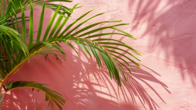 Palm leaves casting shadows on textured soft pink wall. Tropical plant against vivid backdrop. Bright summer tropical background. Concept of nature, simplicity. Mockup for design. Space for text photo