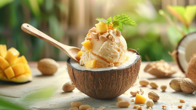 Fresh Thai coconut ice cream in a young coconut shell. Topped with roasted peanuts and diced mango. Concept of tropical desserts, Asian cuisine, exotic flavors, traditional dish photo