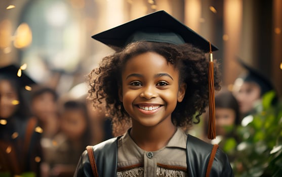 Smiling African American girl child in graduation cap in school. Kid graduating student celebrating school graduation. Ai-Generated photo
