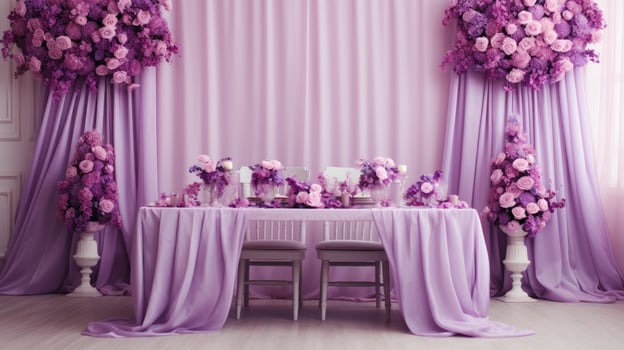 Invigorating and uplifting purple wedding stage backgrounds with cakes photo
