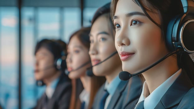 Call center office with smiling beautiful friendly woman working support customer care. photo