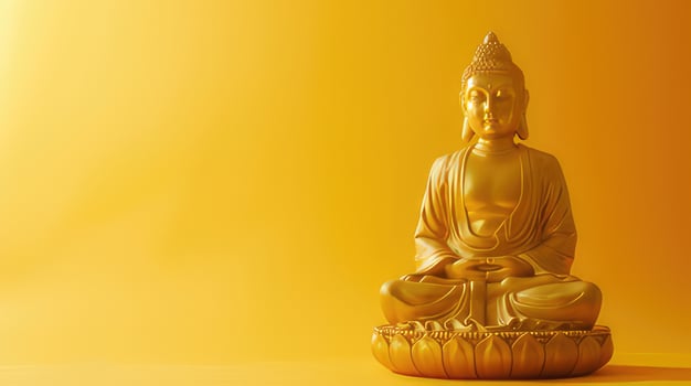 Golden statue of Buddha meditating in lotus position on a yellow background. Copy space photo