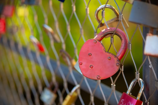red love padlock heart is hanging from a chain link fence photo