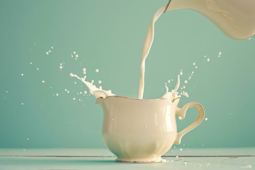 Milk being poured from a vintage jug, classic look against a pastel green to blue gradient background photo