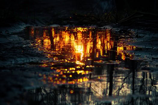 Flames reflected in a river at night, surreal and frightening beauty of fire in nature photo