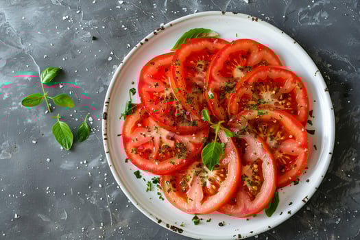 Artistic arrangement of tomato slices fanned out on a plate, top view, elegant presentation photo