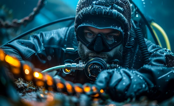 A professional diver in wetsuit is submerged in blue ocean waters photo