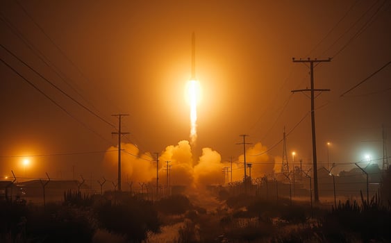 Rocket launches into the sky at night. A sequence of missiles launching into the night sky photo