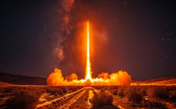 Rocket launches into space with bright orange trail and starry sky in the background. photo