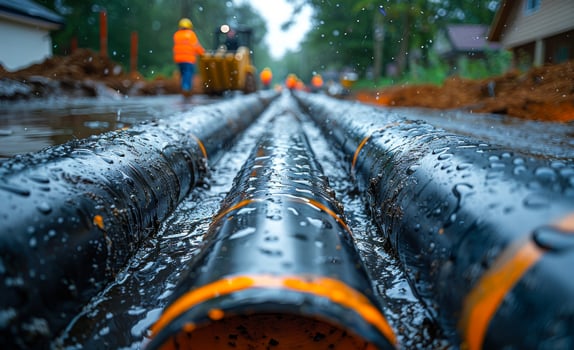 Pipeline under construction is covered in water during rain storm. photo