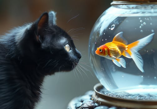 Cat is looking at goldfish in bowl. A black cat staring at goldfish in fish bowl photo