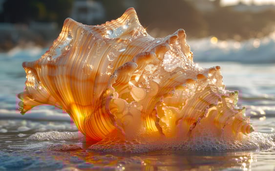 Beautiful sea shell on the beach. Large seashell lies on the sand photo