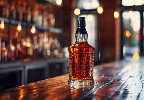 Bottle of whiskey on wooden bar counter photo