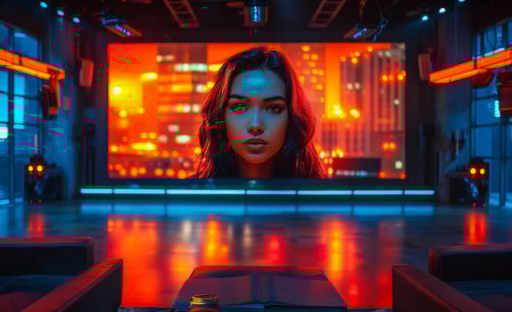 Beautiful woman is sitting on the sofa in night club and watching big screen TV. Neon light. photo