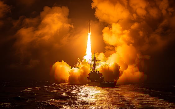 Ship launches missile into the sky. Missile salvo fire lights up the night photo