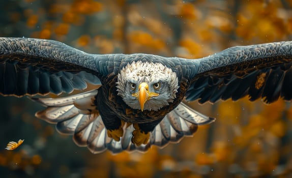 Bald eagle flies low over the ground with its wings spread wide. A bird of prey in action photo