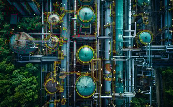 Oil refinery plant and green forest in the background. photo