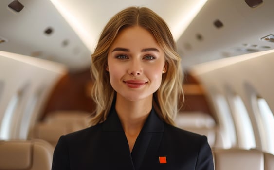 Flight attendant smiles at the camera in the cabin of private jet photo