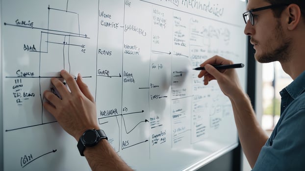 a man is writing on a whiteboard photo