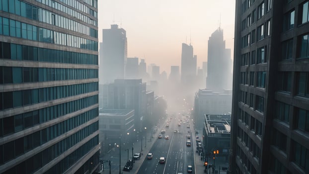a city street is covered in fog photo