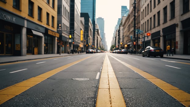 a street with yellow lines and cars driving down it photo