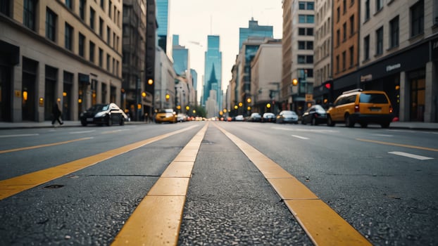 a street with yellow lines and cars driving down it photo