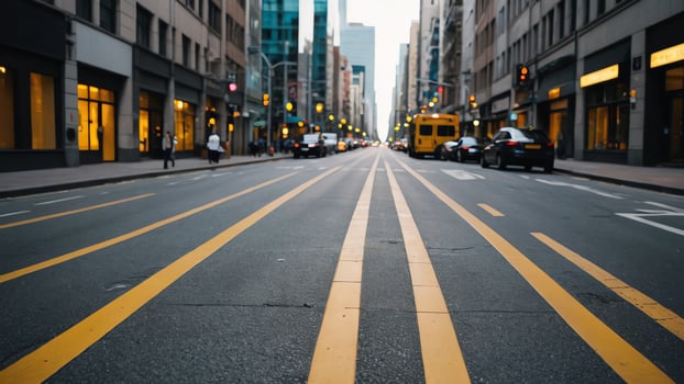 a street with yellow lines and cars driving down it photo