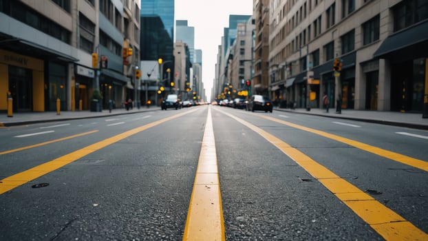 a street with yellow lines and cars driving down it photo
