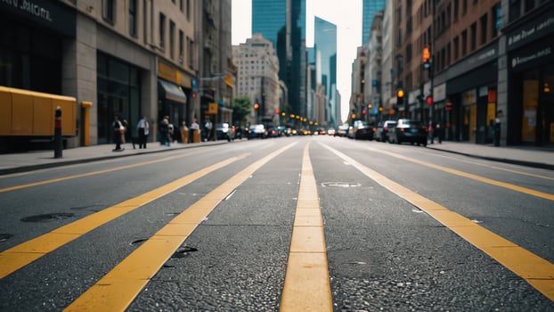 a city street with yellow lines photo