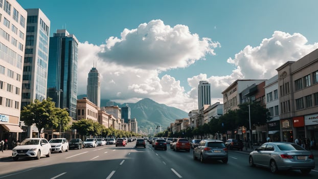 a city street with tall buildings in the background photo