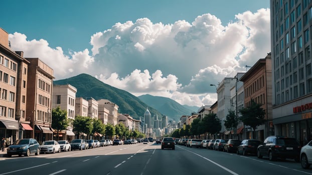 a city street with tall buildings in the background photo